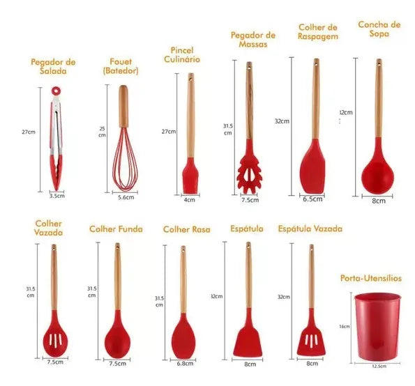 Kit Colher Silicone para Cozinha Jogo 12 Peças