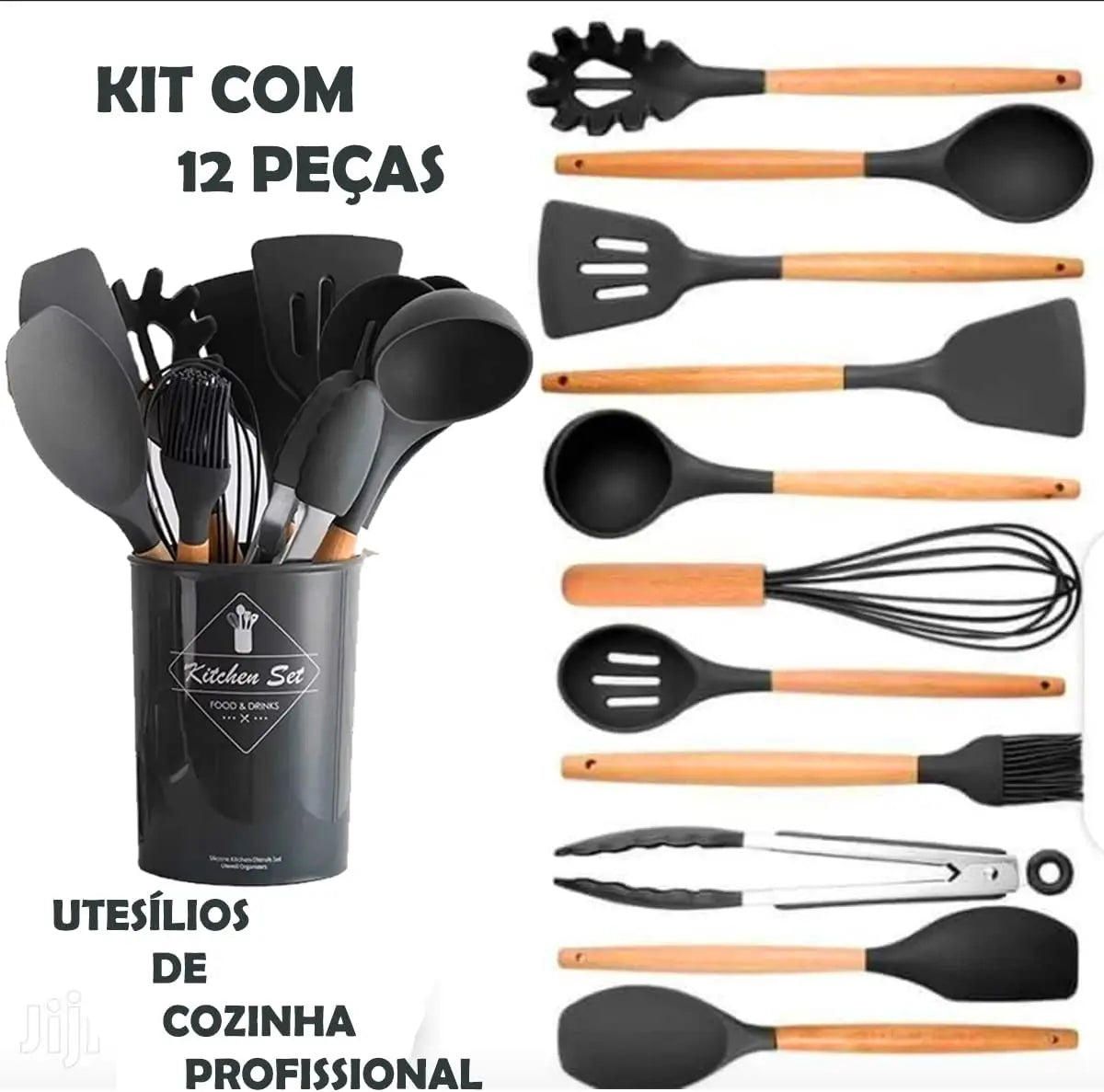 Jogo Kit C/ 12 Peças Utensílios De Cozinha Cabo Madeira