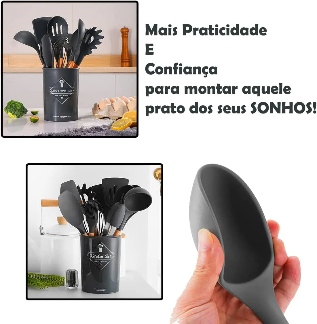 Jogo Kit C/ 12 Peças Utensílios De Cozinha Cabo Madeira