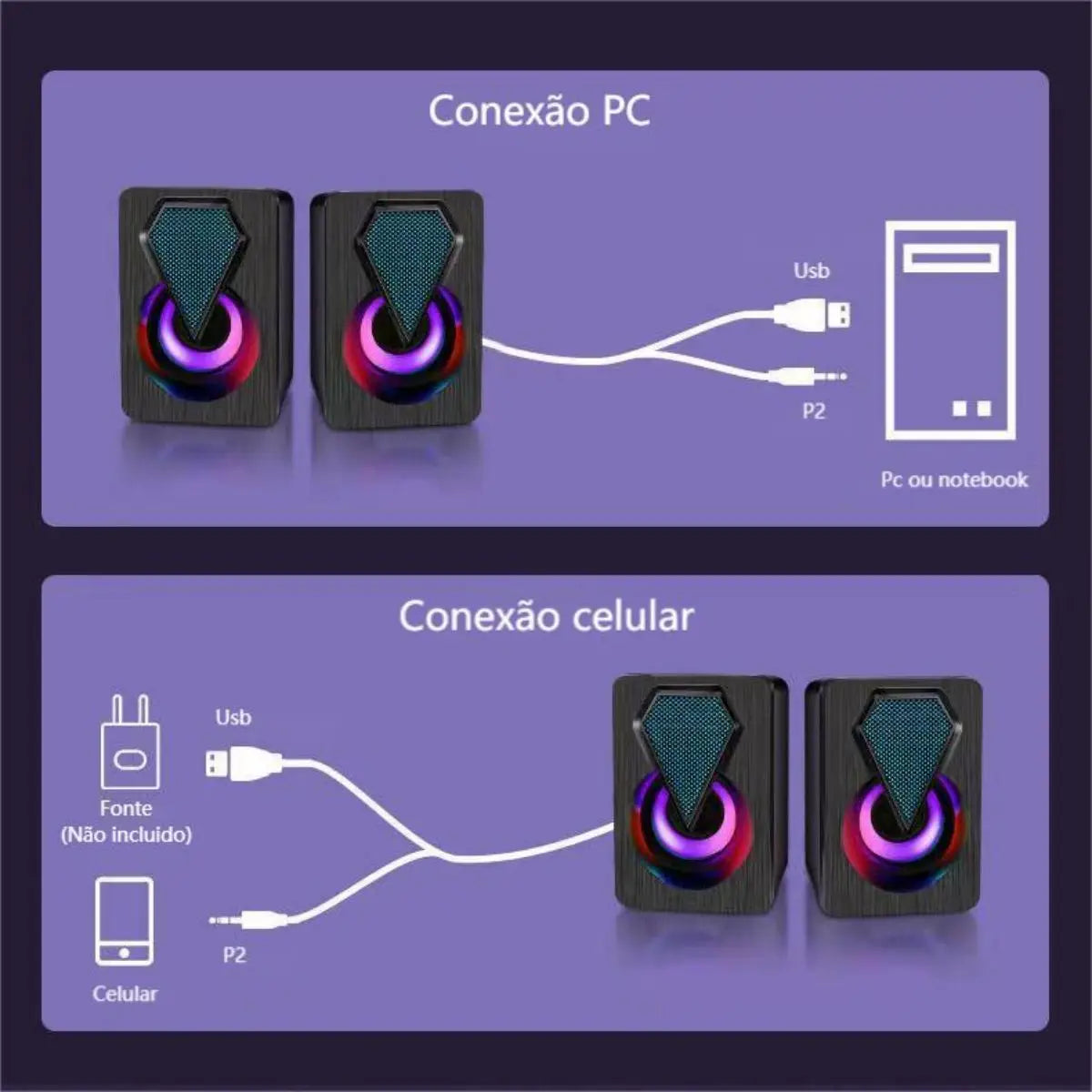 Caixa de som Pc Gamer Com Luz RGB Estéreo 2.0 XDG-1005